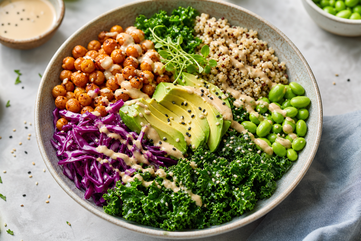Vegetarian buddha bowl with fresh greens and grains