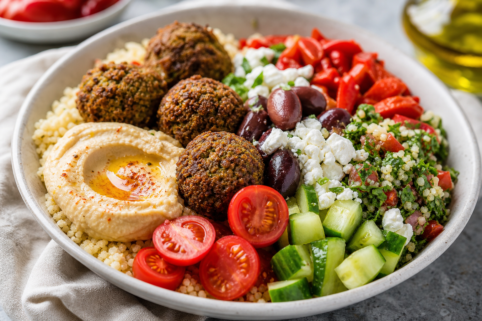 Mediterranean vegetarian grain bowl with fresh vegetables